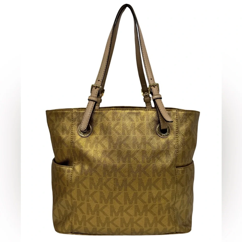 Michael Kors Jet Set East West Signature Gold Metallic Tote Purse Shoulder Bag